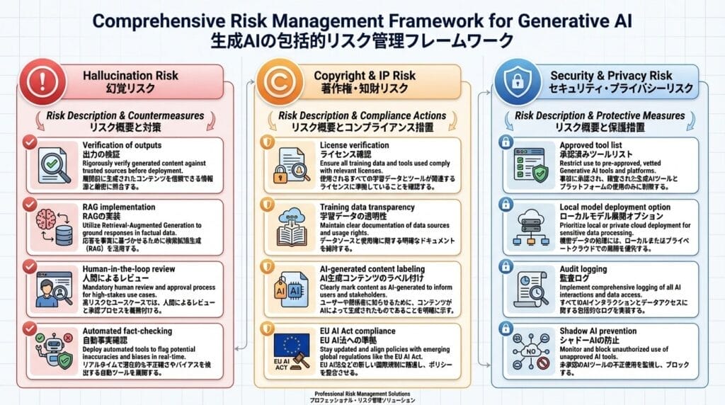 タスクの反復性・エラー許容度・データ機密性の3軸を視覚化
各軸に具体例（メール作成、契約書、APIvsローカル展開）を配置
最適な導入ゾーンを中央に表示