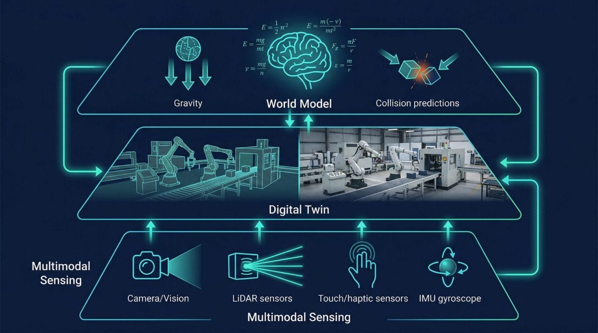 フィジカルAI コア技術構成図：世界モデル・デジタルツイン・マルチモーダルセンシング